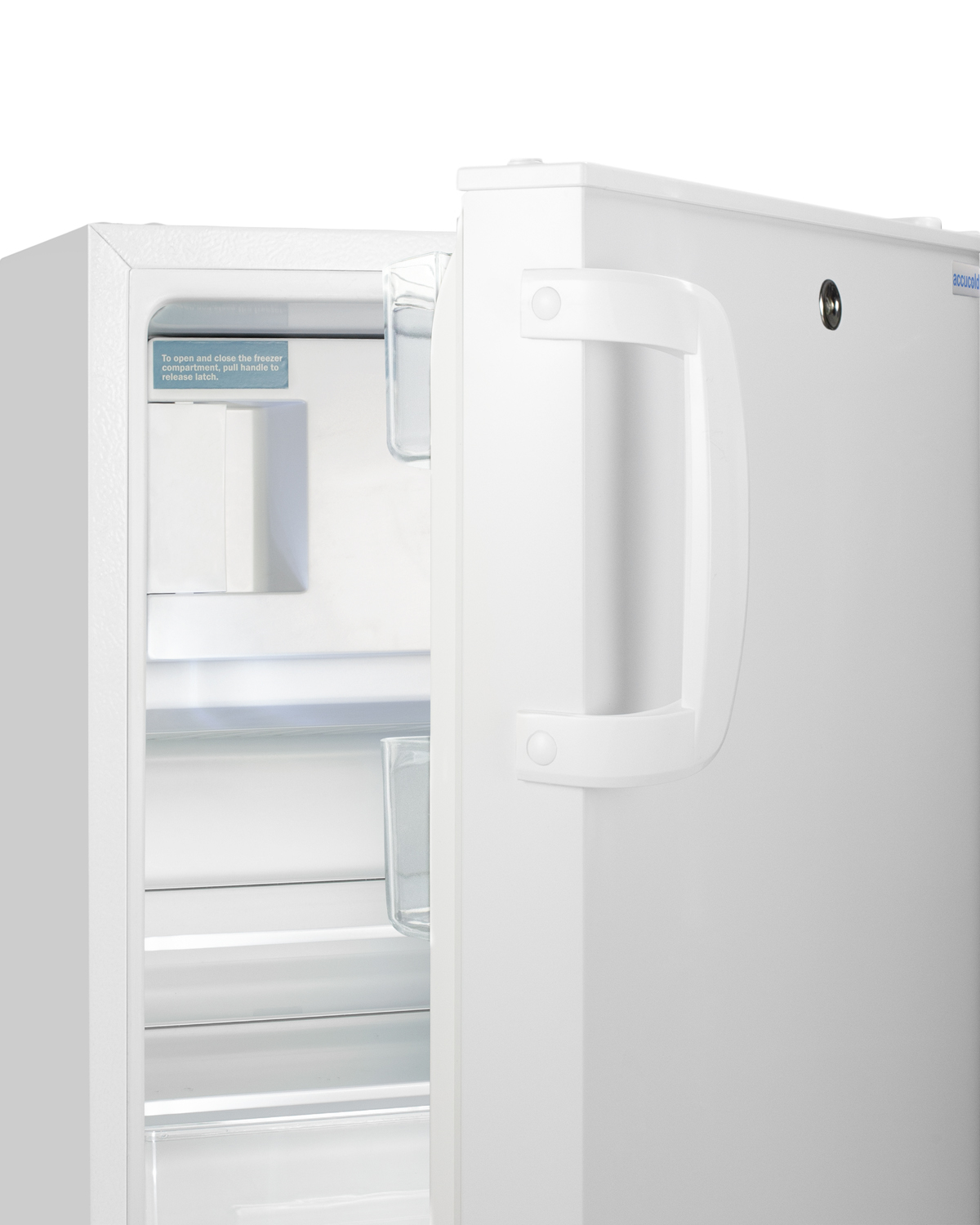 Built-in undercounter, ADA compliant refrigerator-freezer in white, designed for general purpose storage, manual defrost with glass shelves, front lock, and door storage